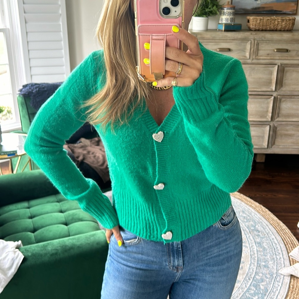 Vici green sweater with heart pearl buttons